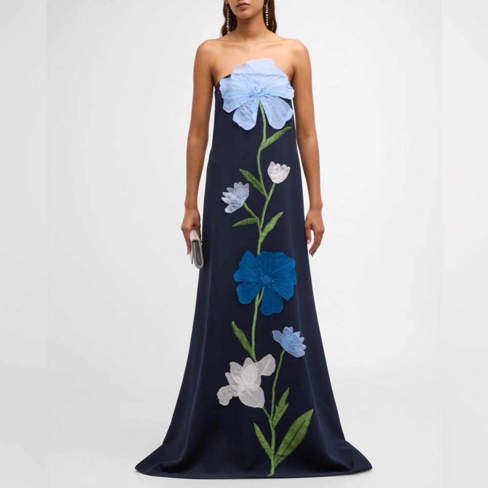 Lela Rose Navy Strapless Floral Appliqué Gown